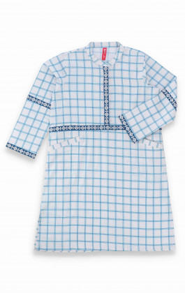 White with Blue Printed and Embroidered Cambric Girls Kurti